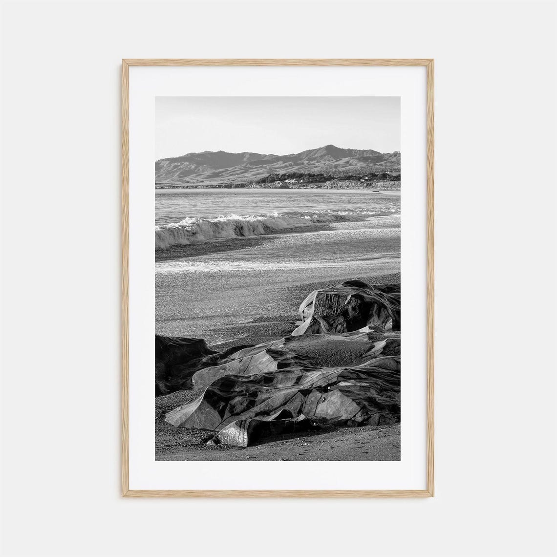 Cambria Rocky Beach Waves Mountains Shore Black White Poster