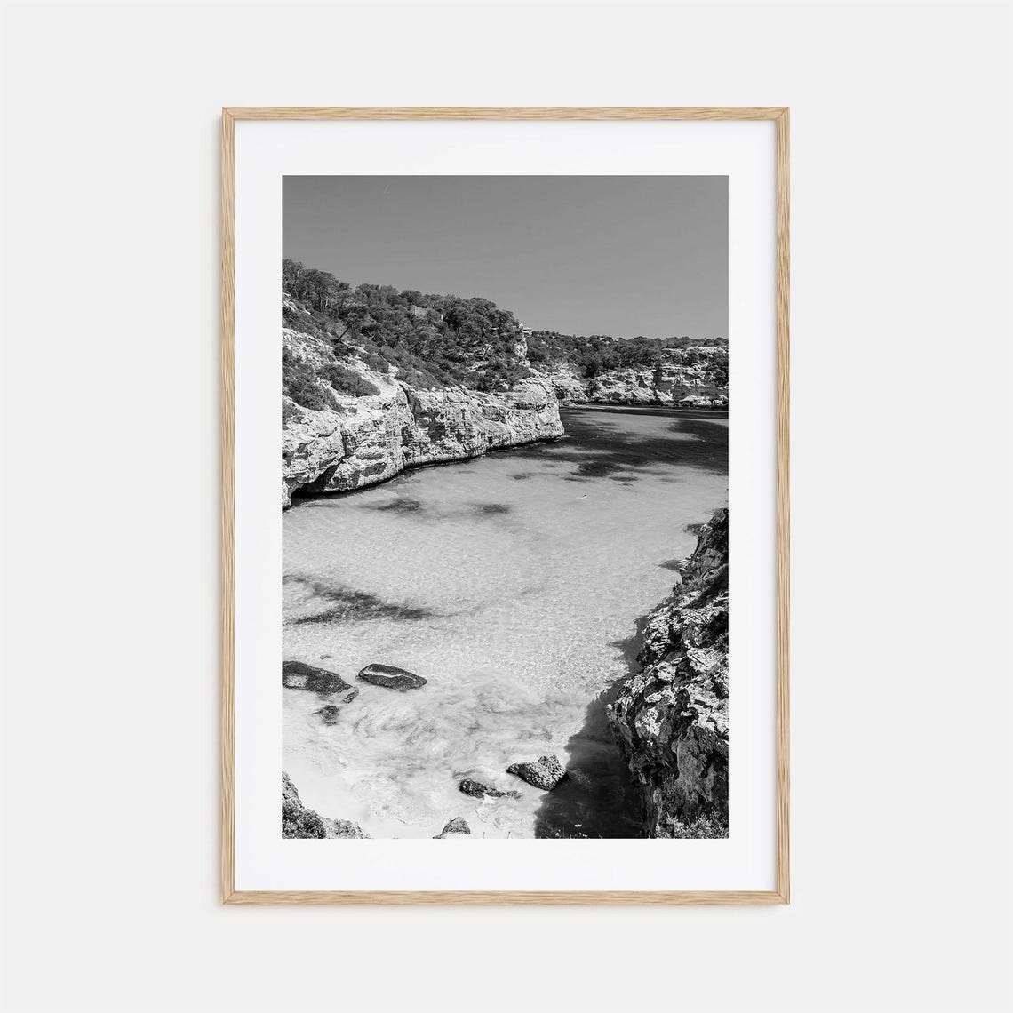 Rocky Cove With Clear Shallow Water Black and White Coast Poster