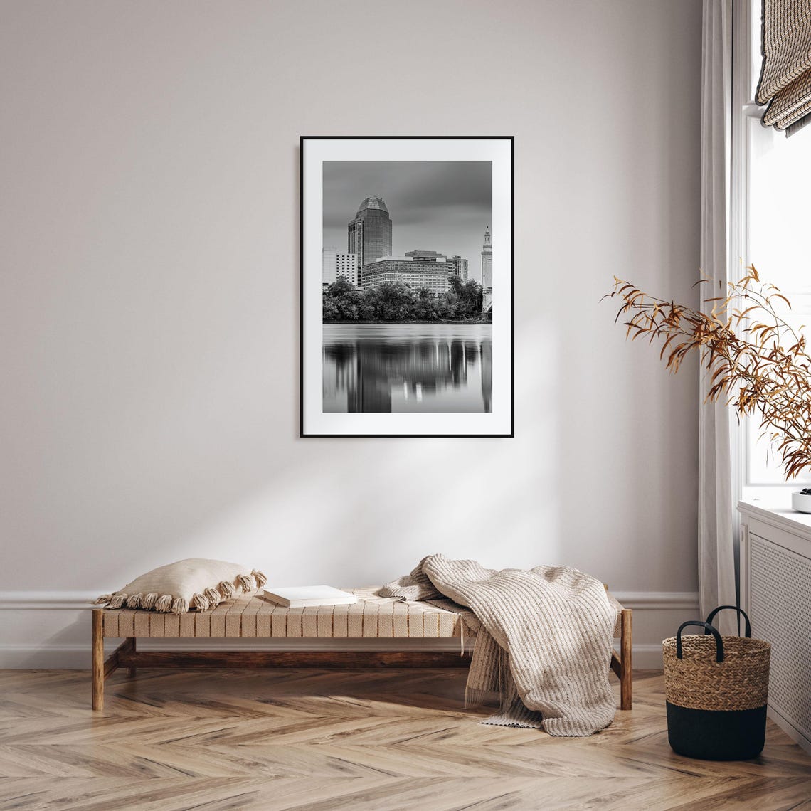Springfield Massachusetts Skyline River Reflection Black White Poster - Image 2