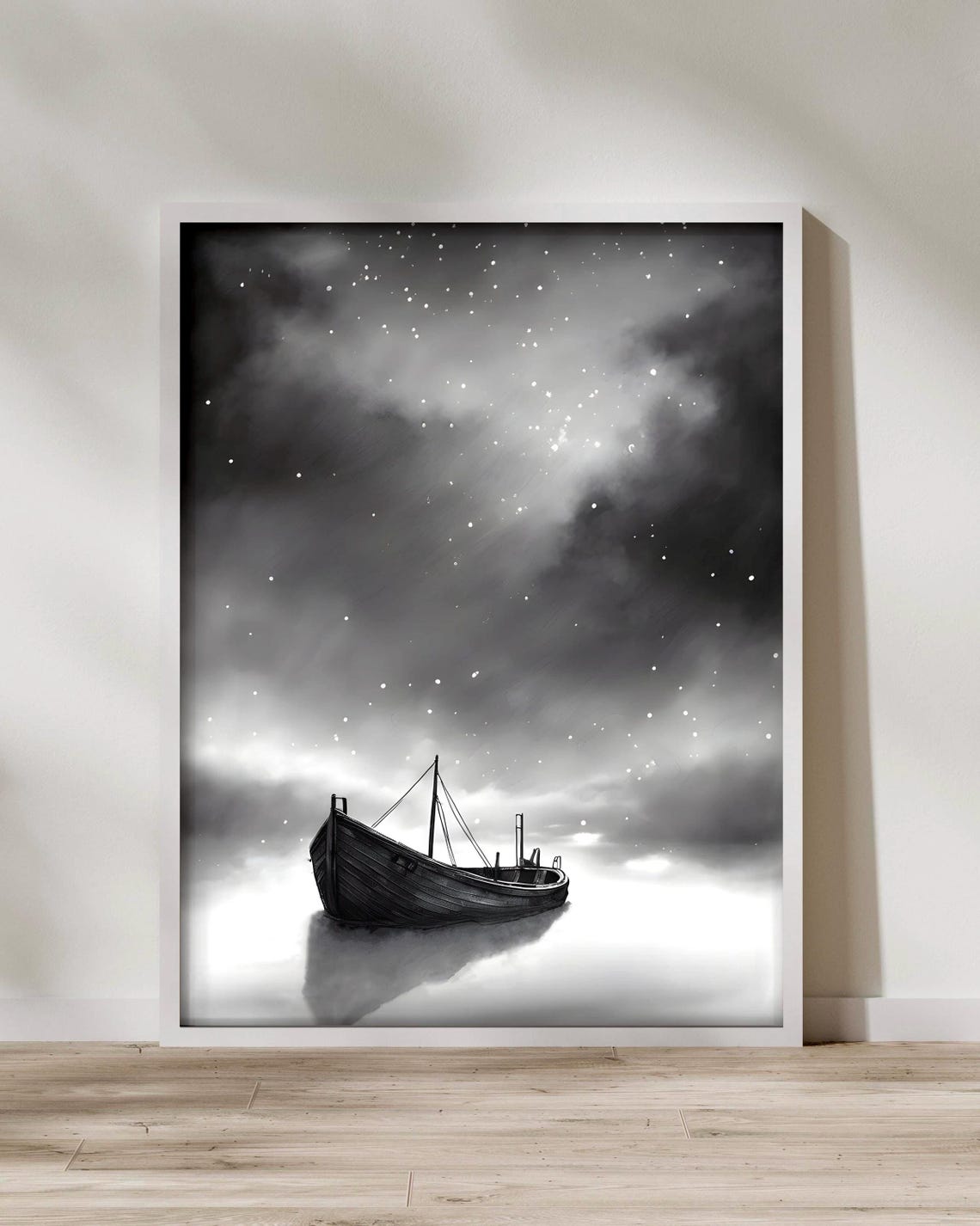 Black And White Boat Under Starry Night Misty Lake Art Poster