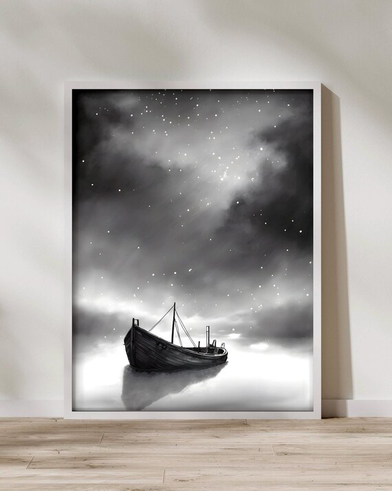 Boat In Lake Print Minimalist Starry Night Nautical Decor