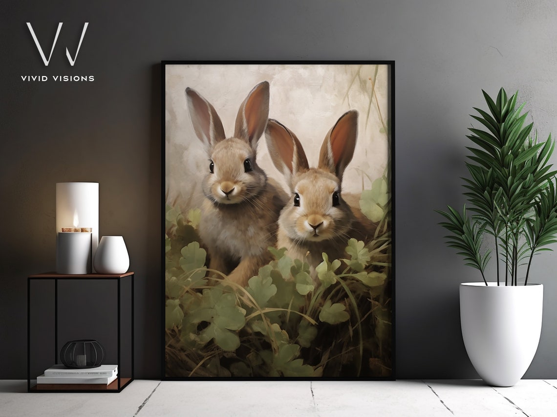 Two Brown Bunnies in the Clover Vintage Spring Rabbit Poster
