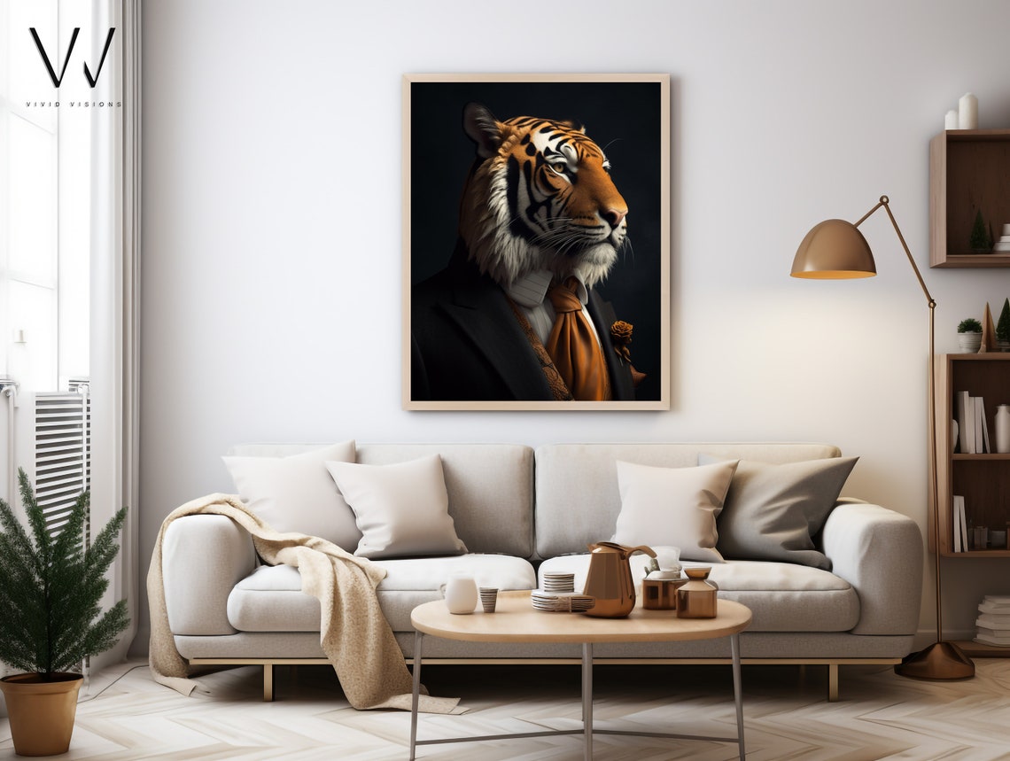 Tiger in Dark Suit Gold Tie Gentleman Portrait Moody Style Poster - Image 3
