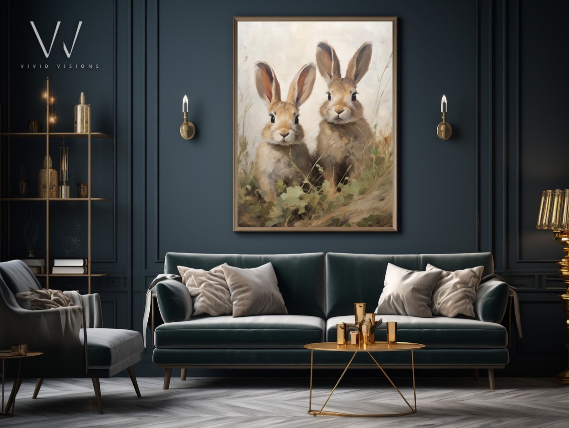 Two Brown Rabbits Grass Meadow Duo Spring Vintage Animal Poster - Image 4