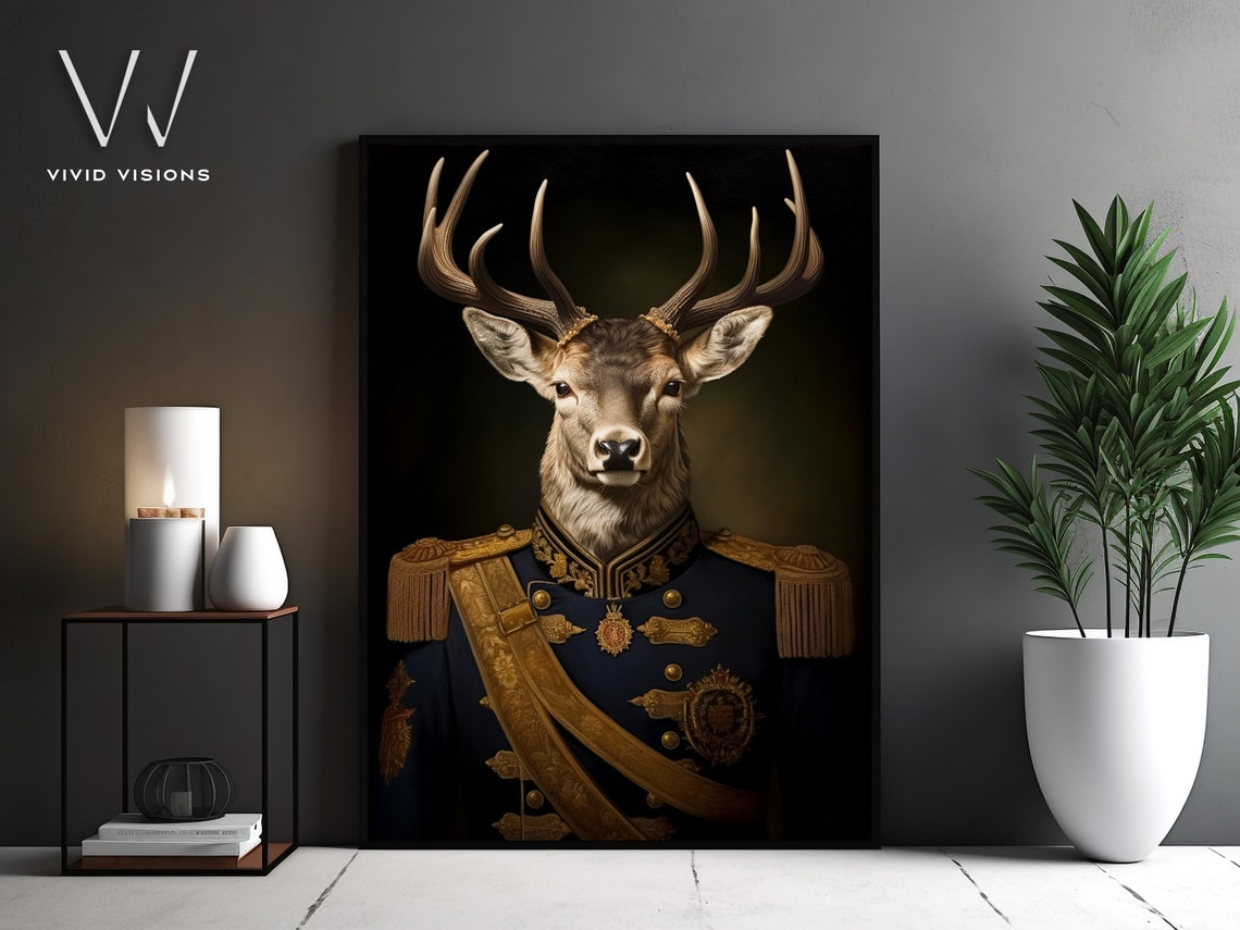 Noble Stag Deer in a Gold Sash Military Uniform Portrait Poster