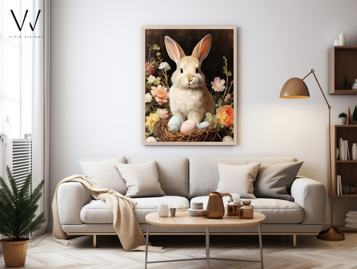 Easter Bunny with Pastel Eggs in a Nest Vintage Floral Poster - Image 4