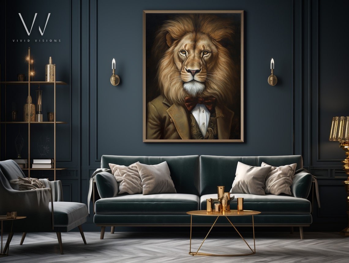 Victorian Lion Portrait Tan Suit Red Bow Tie Gentleman Art Poster - Image 3