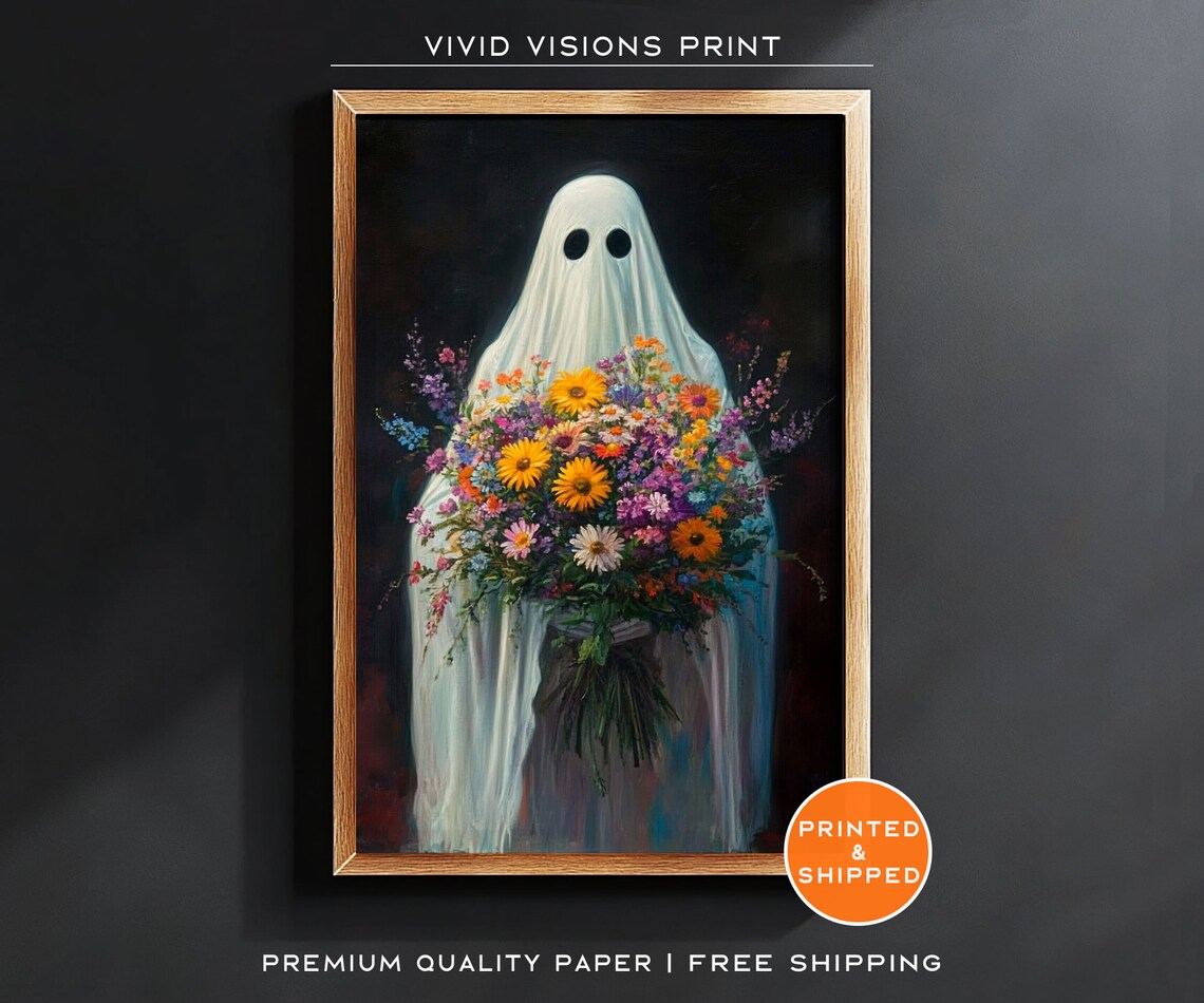 Ghost Holding A Wildflower Bouquet Poster Dark Floral Halloween Art