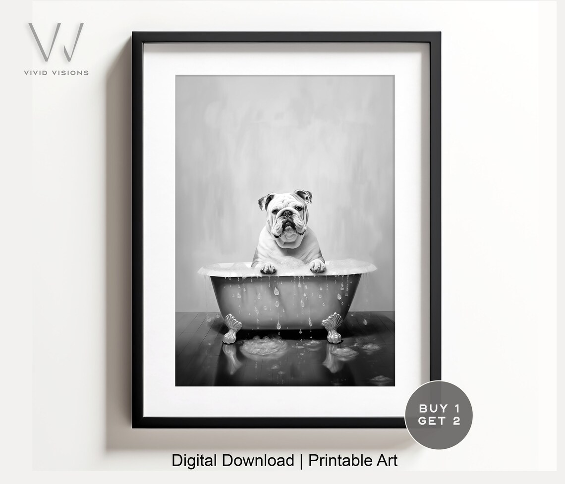English Bulldog in Vintage Bathtub Black White Bathroom Poster