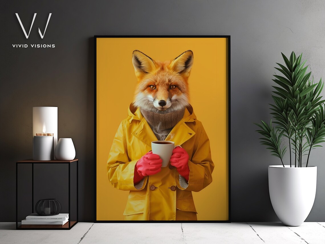 Modern Fox Portrait in Yellow Raincoat, Vintage Poster