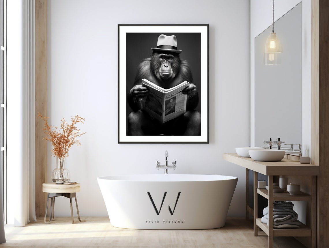 Dapper Monkey in a Fedora Reading the Newspaper Black and White Poster - Image 3