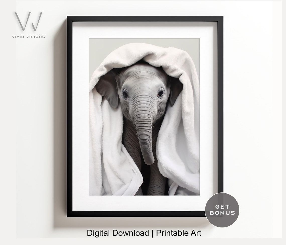 Sweet Baby Elephant in a White Hooded Towel Cute Nursery Poster