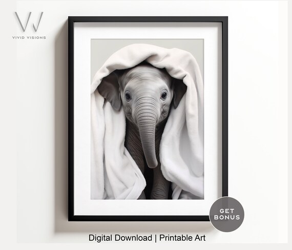 Sweet Baby Elephant in a White Hooded Towel Cute Nursery Poster