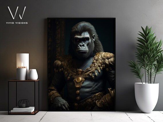 Warrior Gorilla Dark Armor Gold Collar Pendant Regal Animal Poster