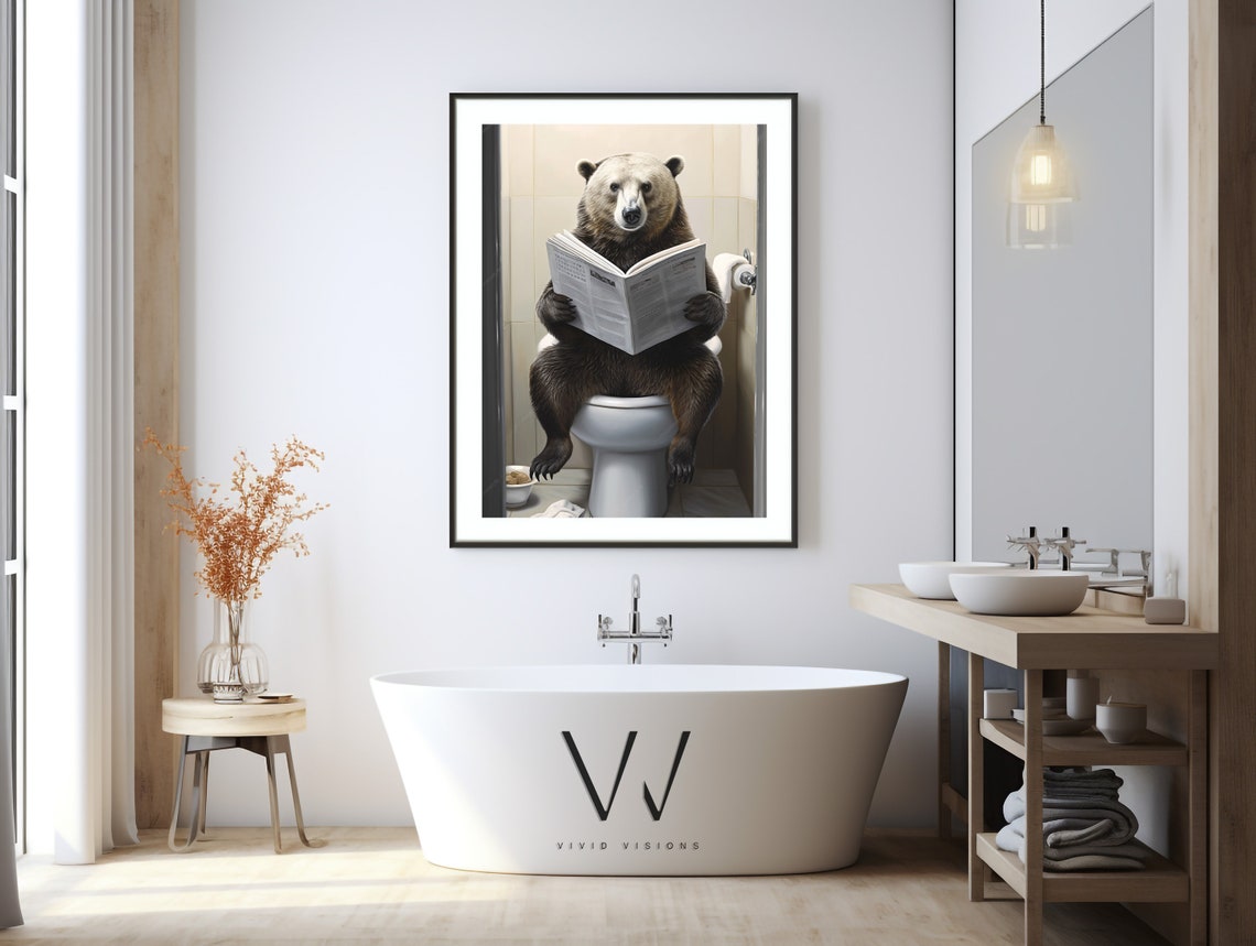 Hilarious Brown Bear Reading Newspaper on the Toilet Bathroom Poster - Image 3