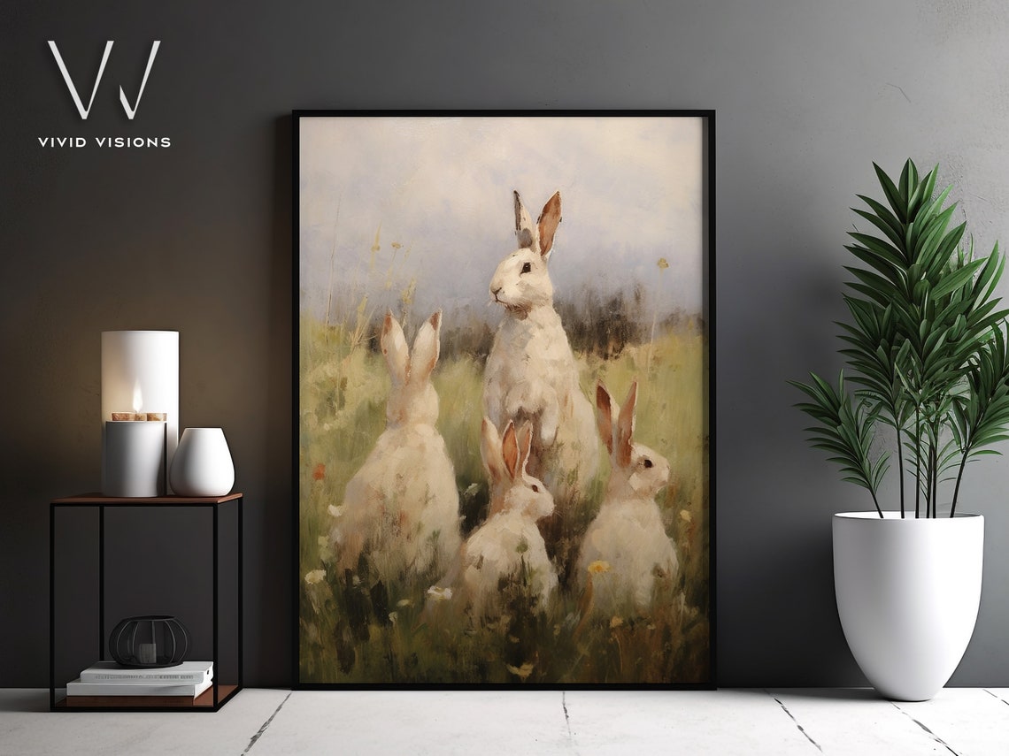Vintage White Rabbits in a Spring Meadow Farmhouse Painting Poster