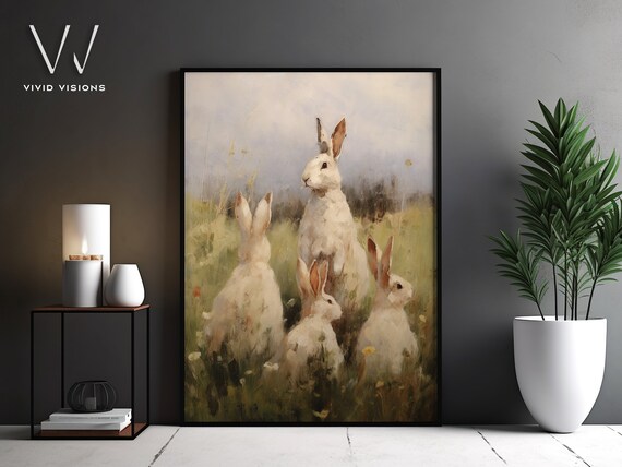 Vintage White Rabbits in a Spring Meadow Farmhouse Painting Poster