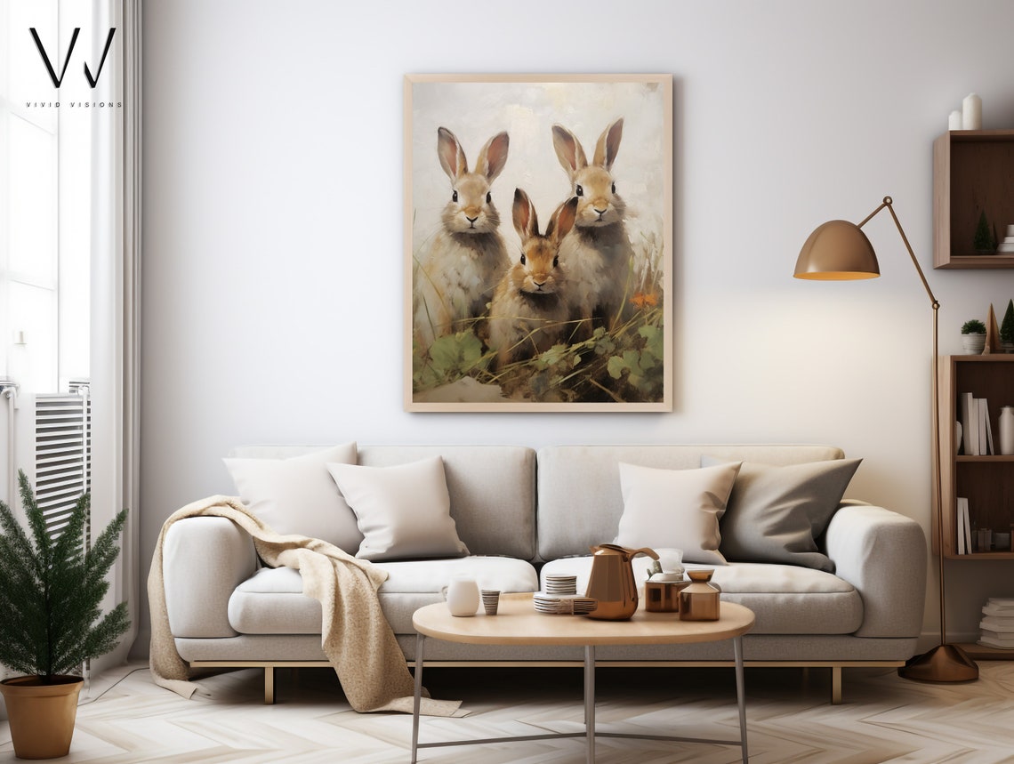 Three Bunnies in the Clover Vintage Rabbit Trio Spring Poster - Image 3