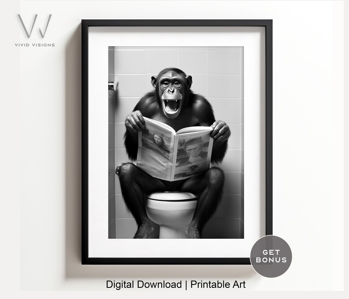 Monkey Sitting On The Toilet Reading, Rustic Bath Art Print