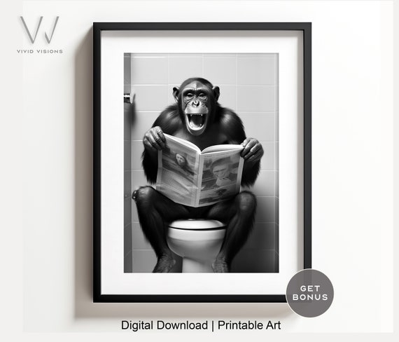 Monkey Sitting On The Toilet Reading, Rustic Bath Art Print