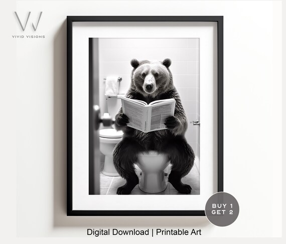 Grizzly Bear Reading a Newspaper on the Toilet Funny Wall Poster