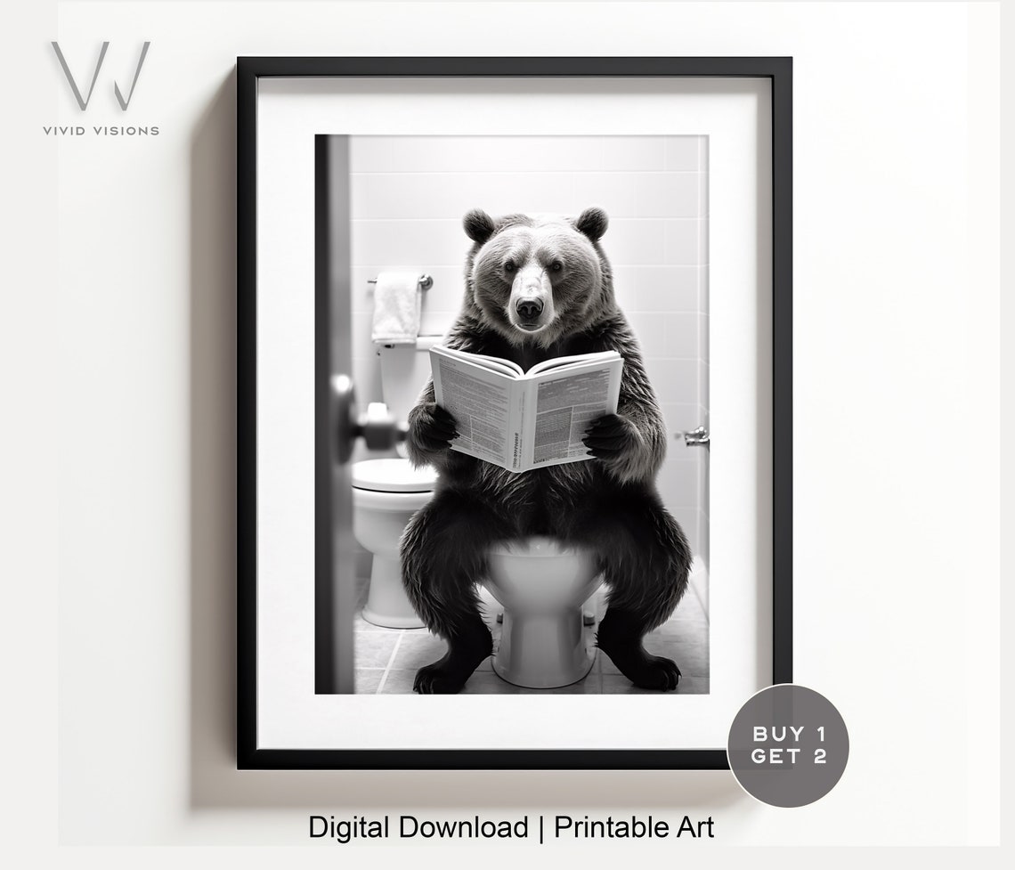 Grizzly Bear Reading a Newspaper on the Toilet Funny Wall Poster