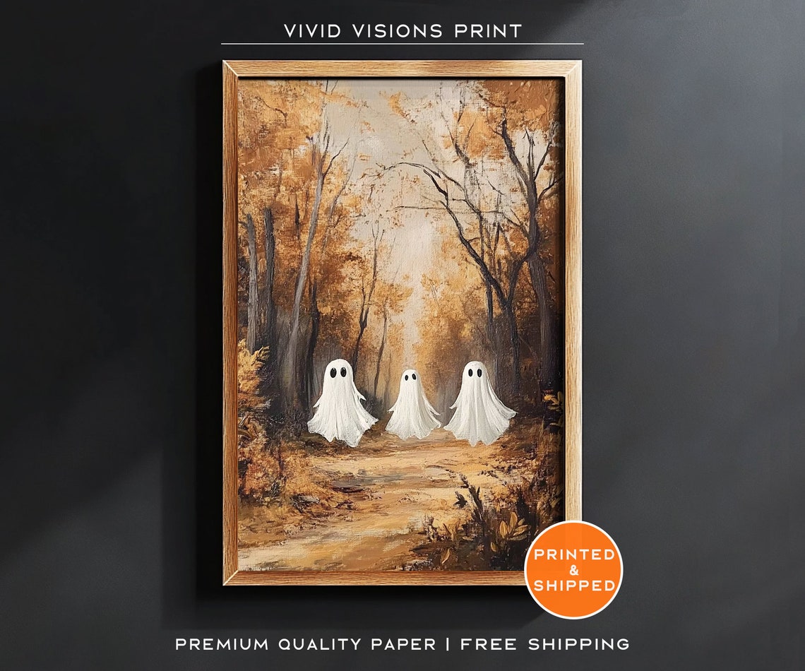 Tiny Ghosts Wandering An Autumn Woodland Trail Poster Fall Wall Decor