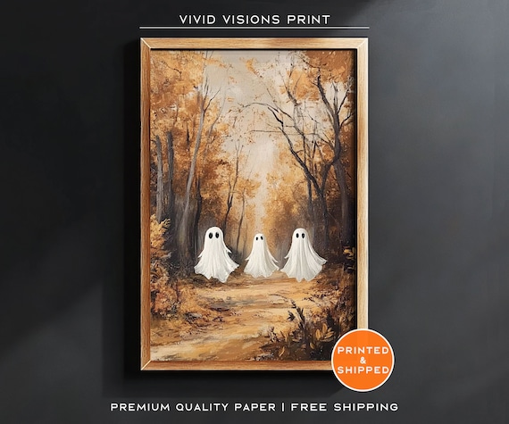 Tiny Ghosts Wandering An Autumn Woodland Trail Poster Fall Wall Decor