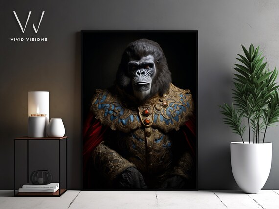 Gorilla Blue Gold Military Uniform Red Cape Regal Animal Portrait Poster