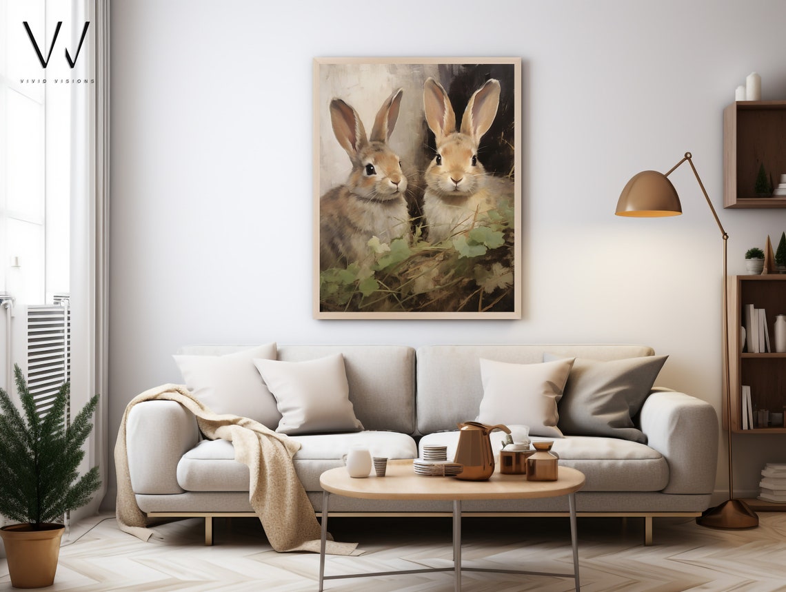 Bunny Pair in Tall Clover Vintage Easter Rabbit Spring Poster - Image 3