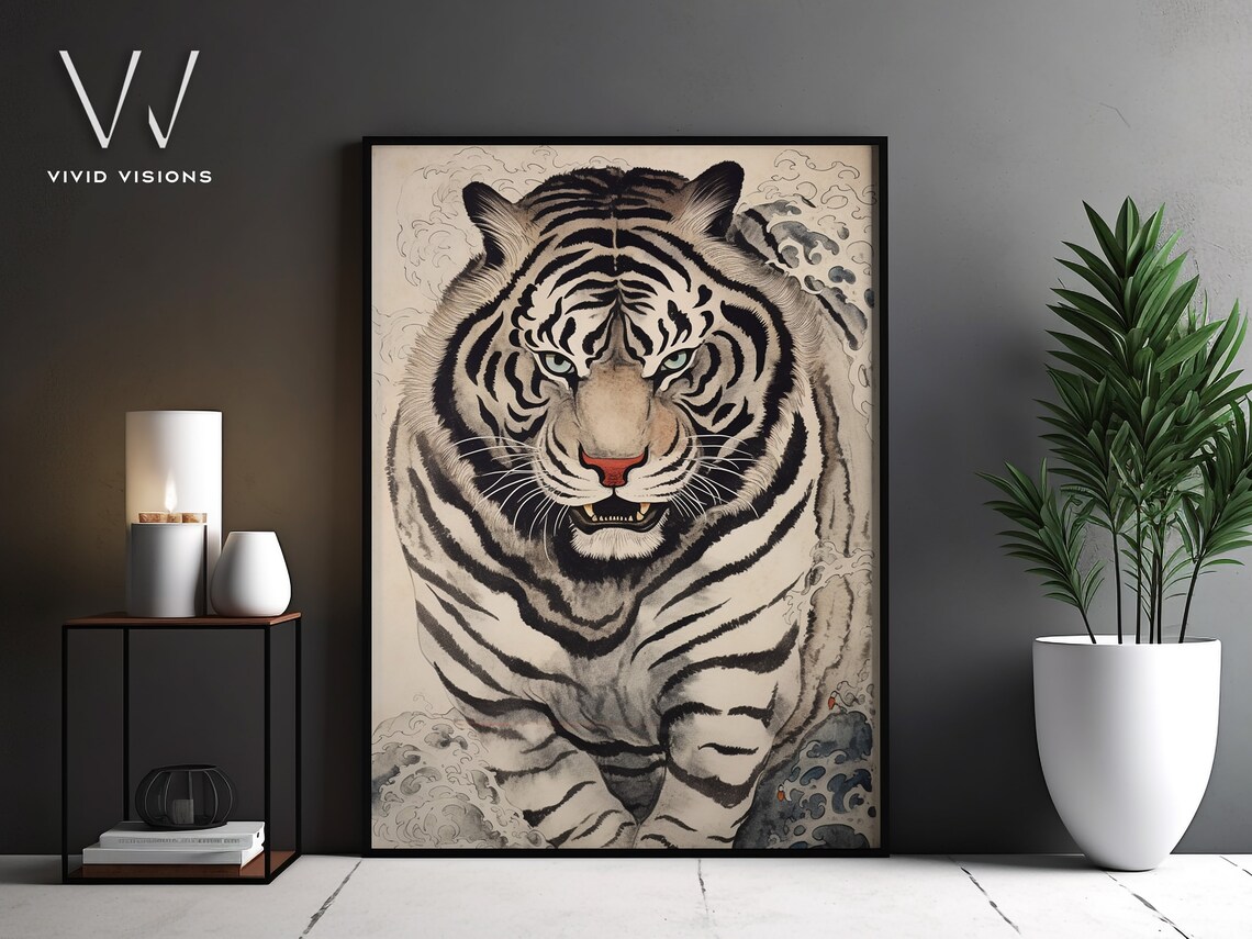 Antique Japanese Tiger Print, Vintage Woodblock Art