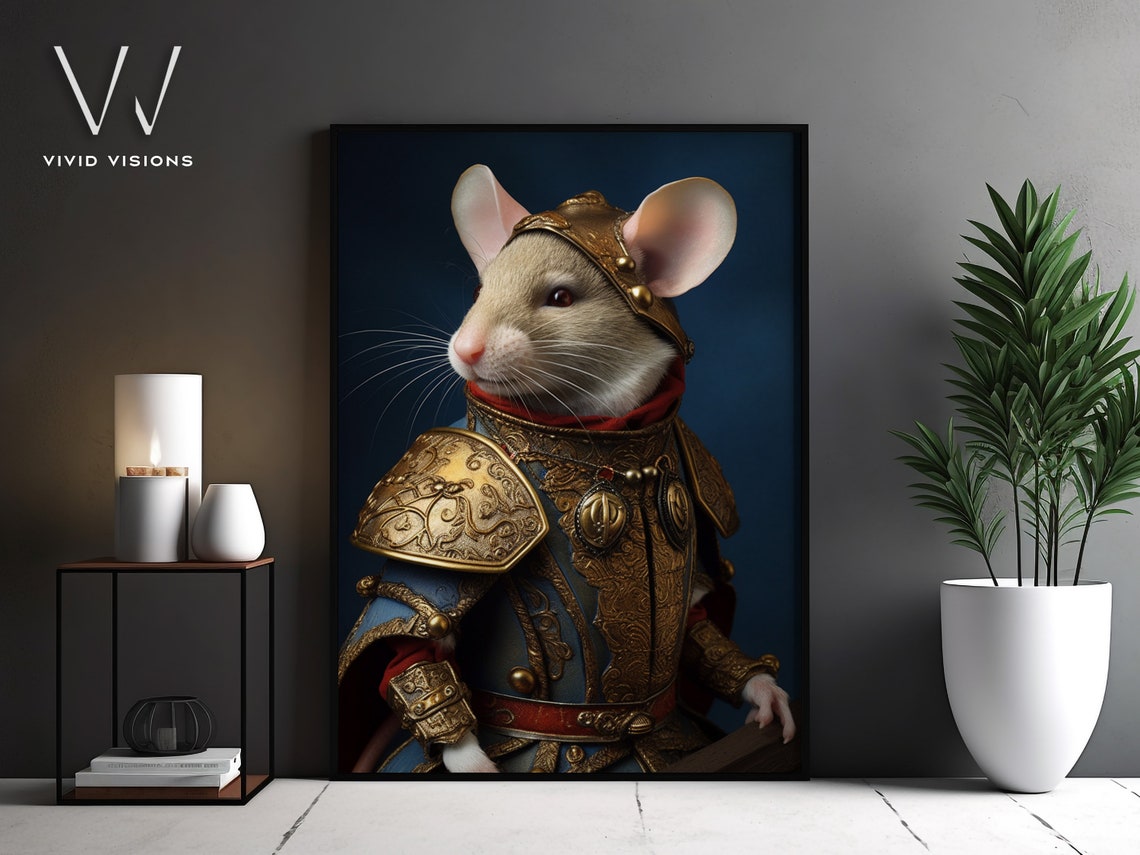 Mouse Knight Gold Helmet Blue Armor Dark Animal Portrait Poster
