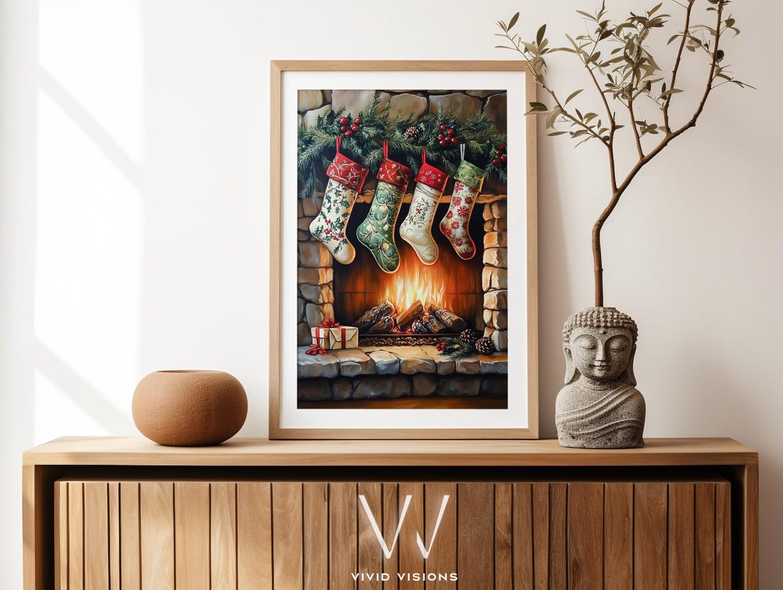 Christmas Stockings by Stone Fireplace Cozy Holiday Hearth Poster - Image 4
