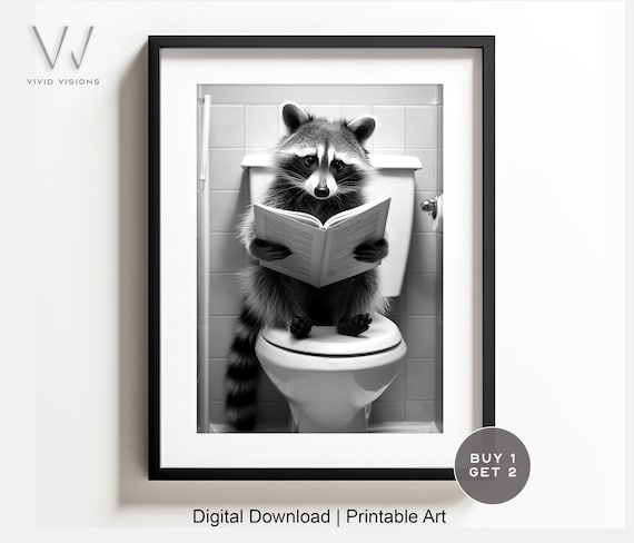 Adorable Raccoon Perched on the Toilet Reading a Book Poster