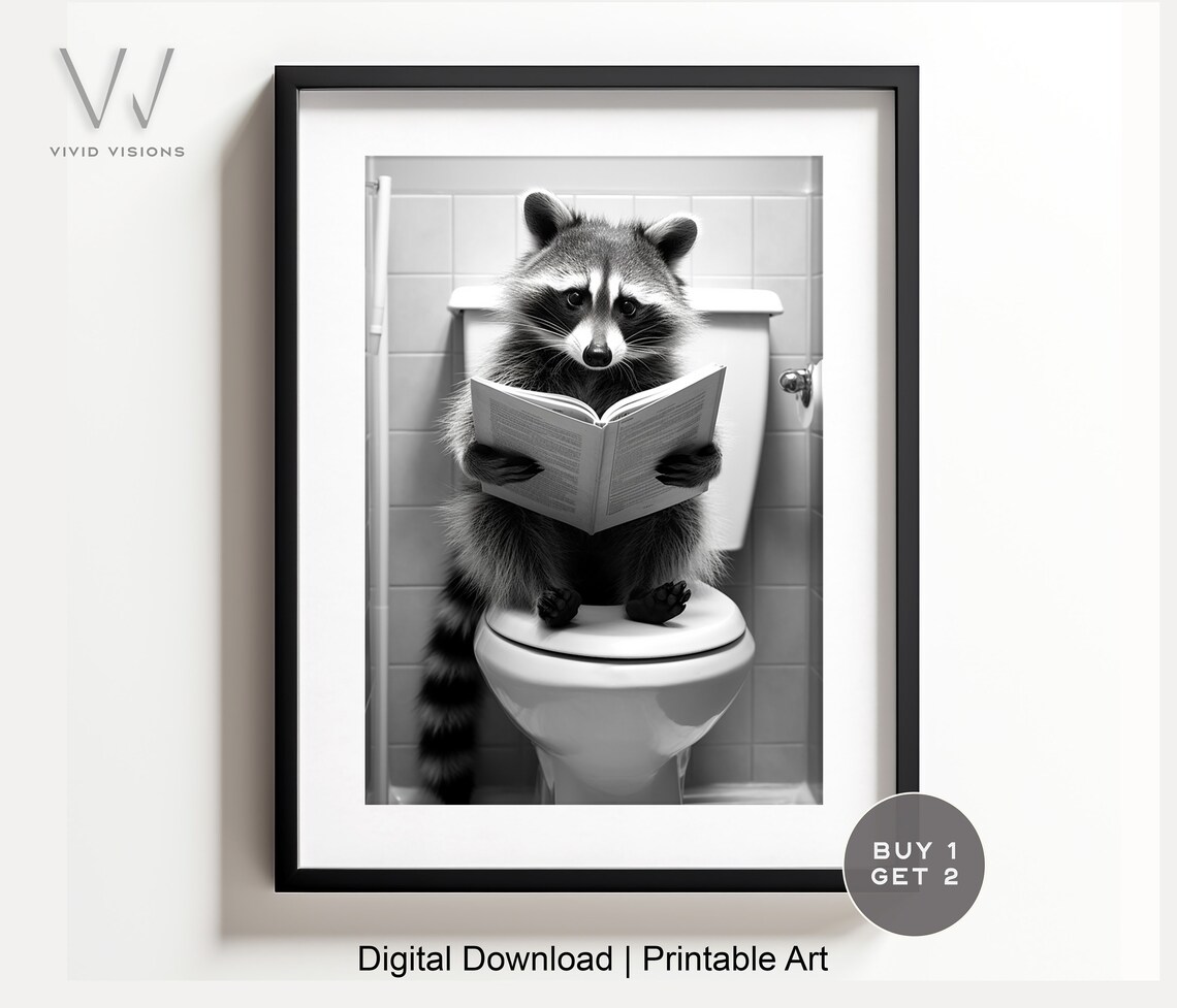 Adorable Raccoon Perched on the Toilet Reading a Book Poster