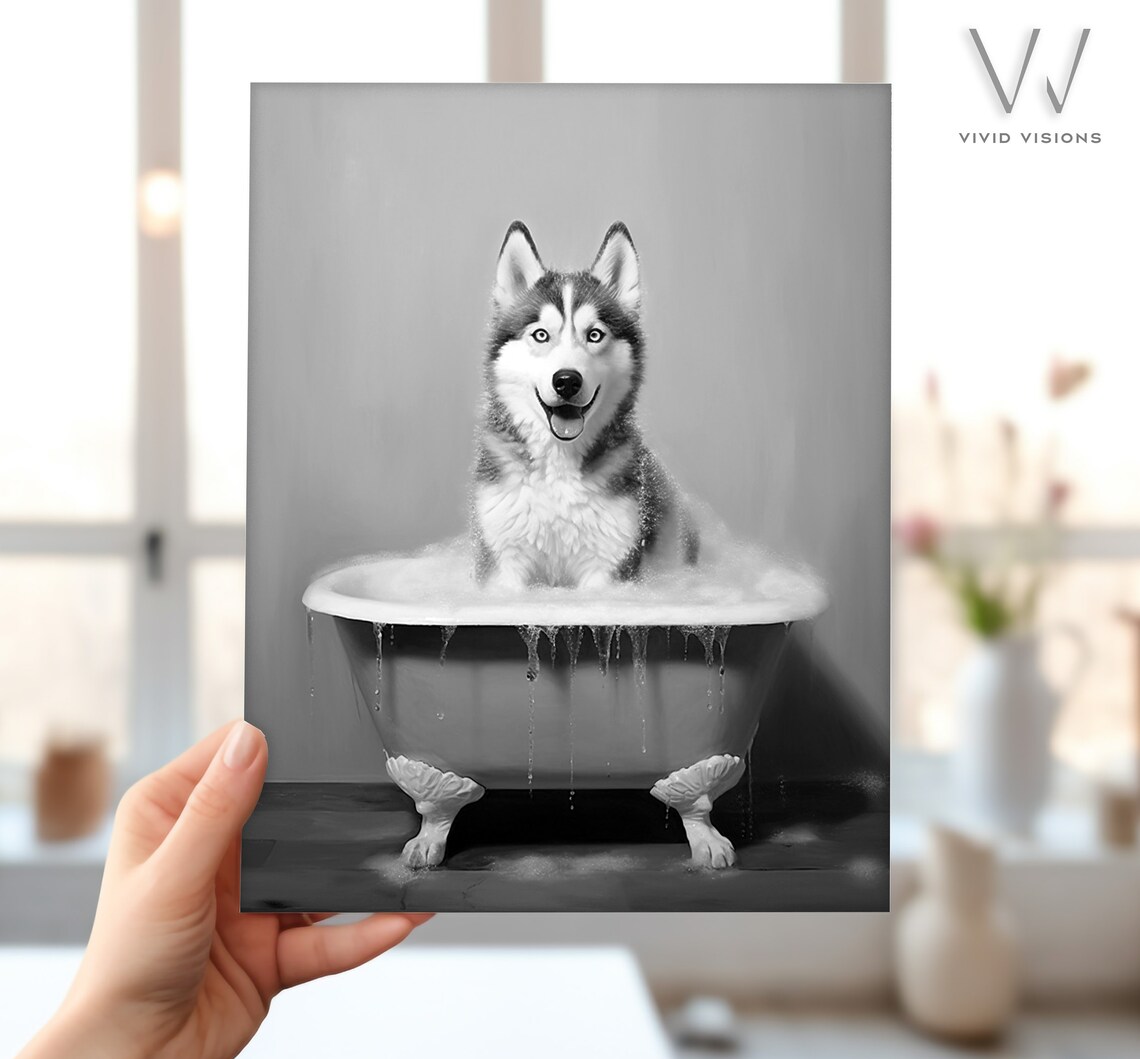 Siberian Husky In A Vintage Bathtub, Rustic Bath Art - Image 4