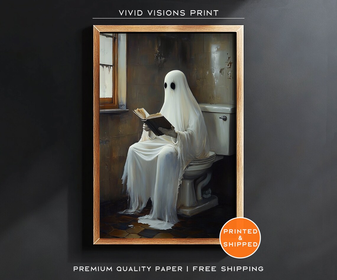 Ghost Reading In Bathroom Vintage Halloween Art Print
