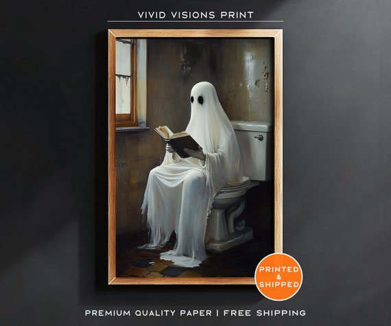 Ghost Reading In Bathroom Vintage Halloween Art Print