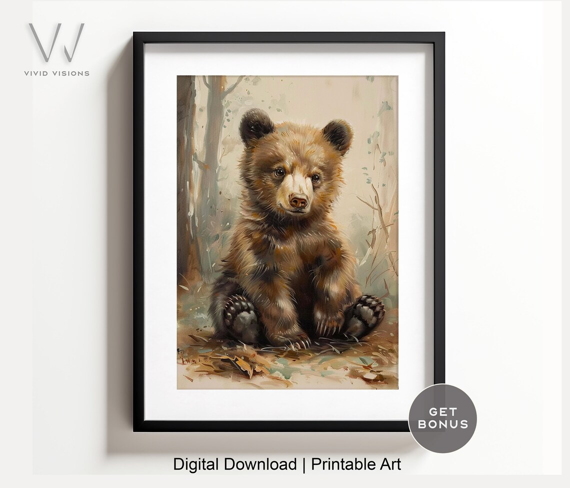 Baby Brown Bear Cub Watercolor Forest Woodland Nursery Poster