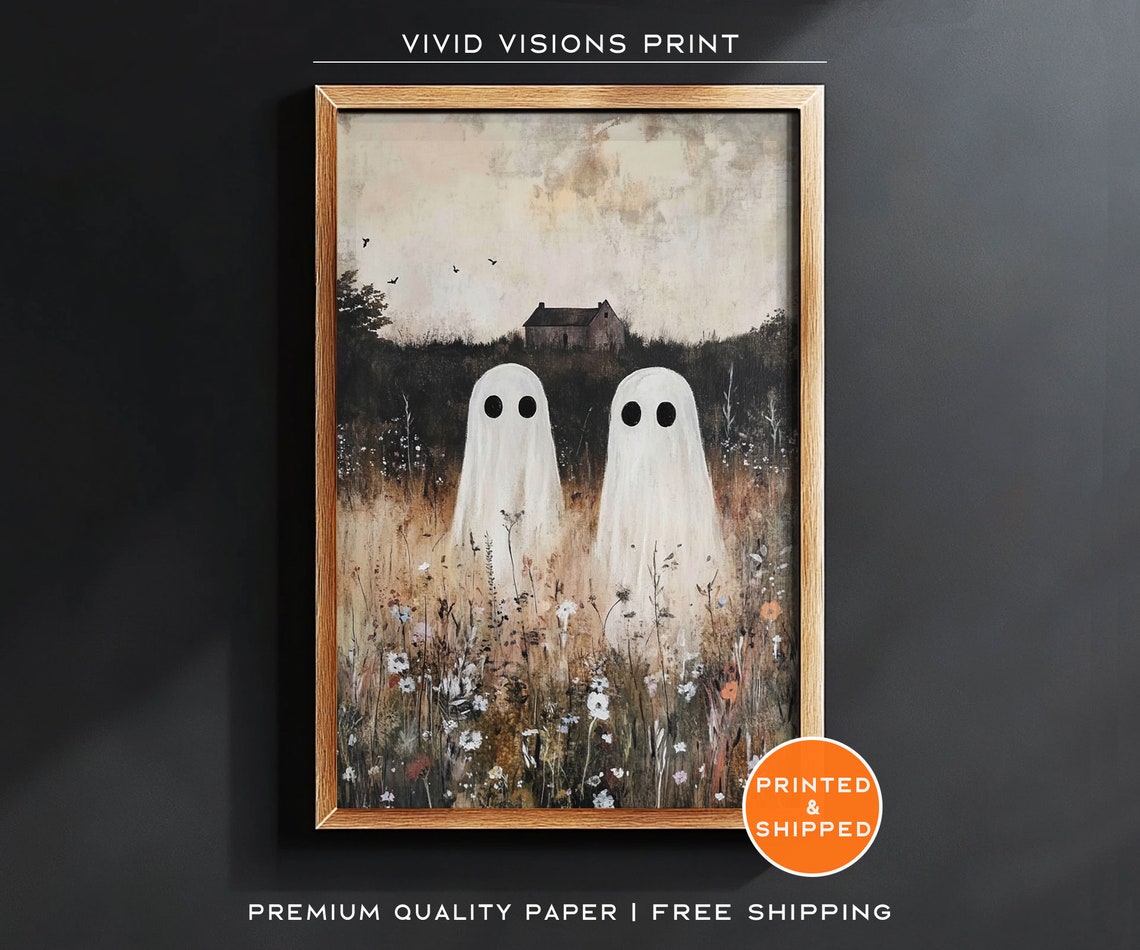 Ghost Pair In A Wildflower Field Poster Rustic Autumn Halloween Decor