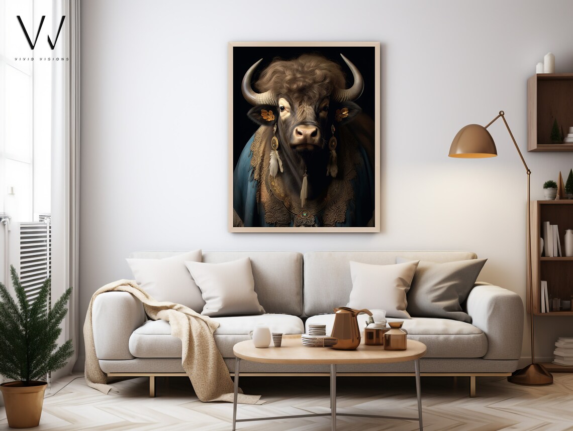 Buffalo in Blue Shawl Gold Jewelry Regal Animal Portrait Poster - Image 3
