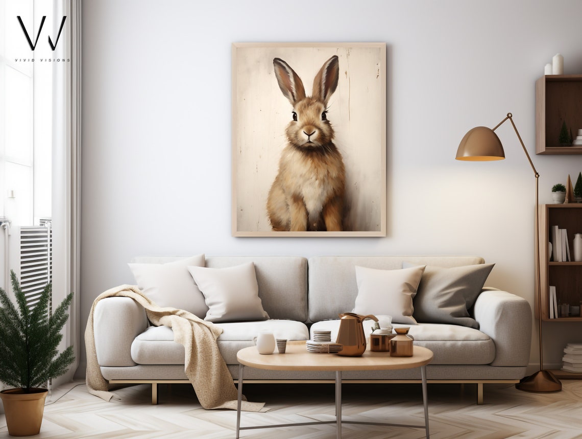 Brown Bunny Sitting Cute Minimal Cream Background Vintage Poster - Image 4