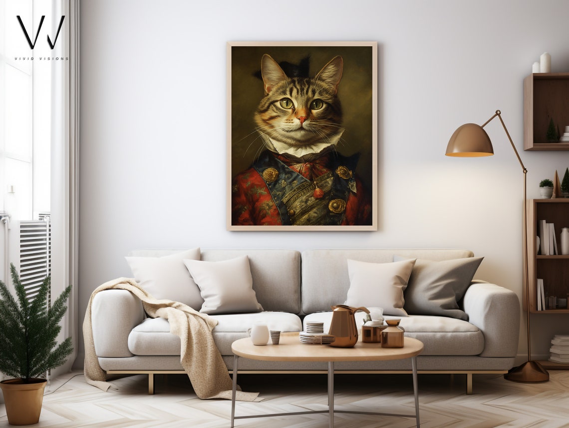Tabby Cat Military Uniform Red Blue Ruff Regal Portrait Poster - Image 3