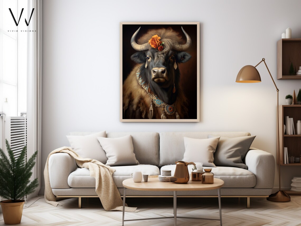 Buffalo with Orange Roses Beaded Jewelry Animal Portrait Poster - Image 3