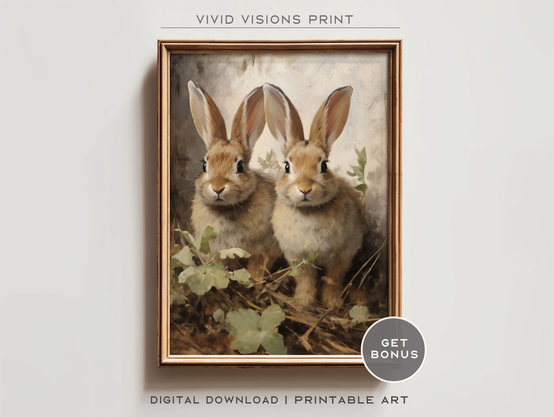 Two Brown Bunnies in the Meadow Vintage Rabbit Pair Wall Poster