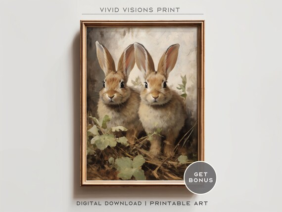 Two Brown Bunnies in the Meadow Vintage Rabbit Pair Wall Poster
