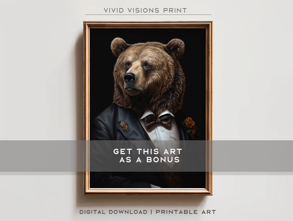 Victorian Lion Portrait Gentleman in Suit Bow Tie Gothic Art Poster - Image 2