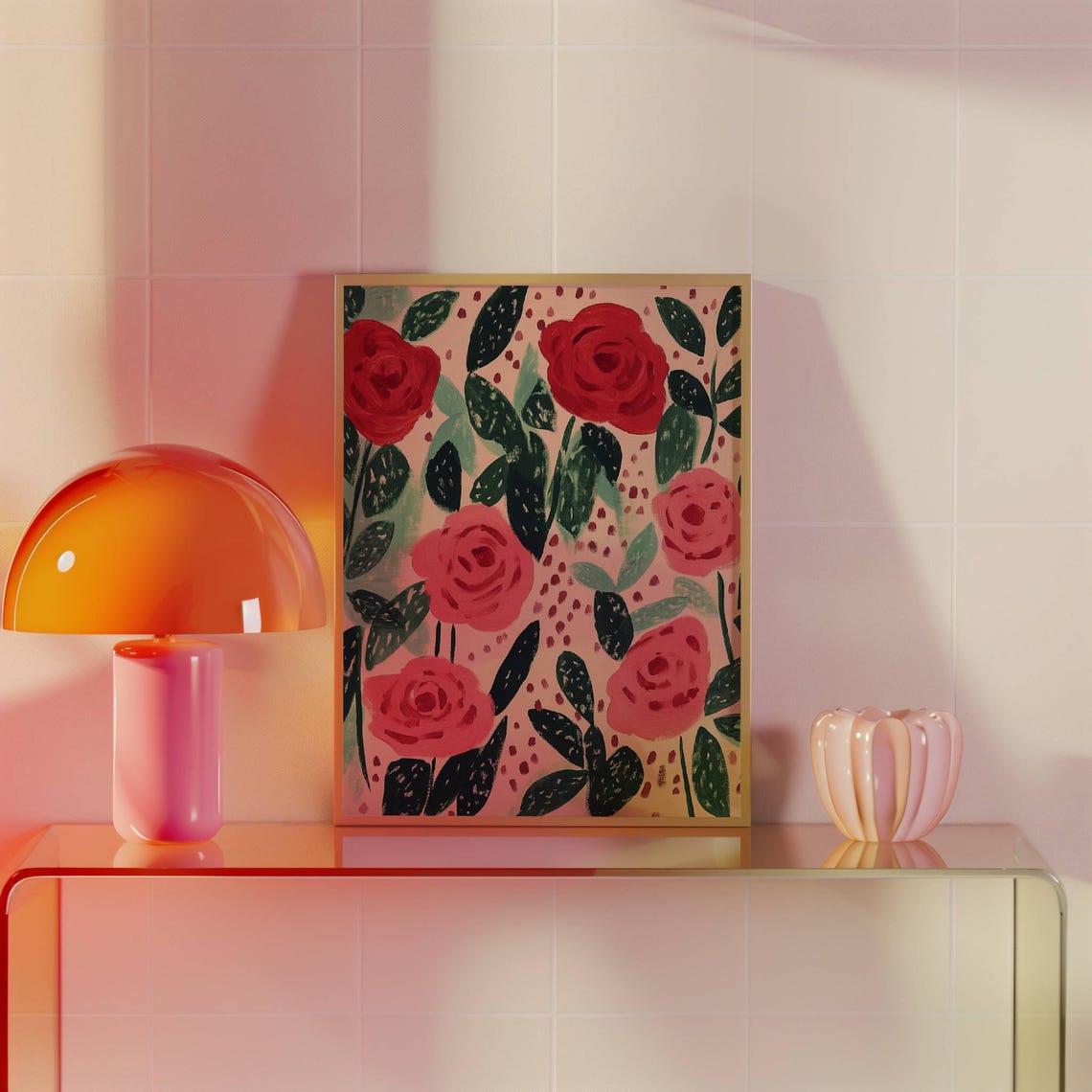 Red and Pink Roses on Blush Background Maximalist Floral Art Poster - Image 2