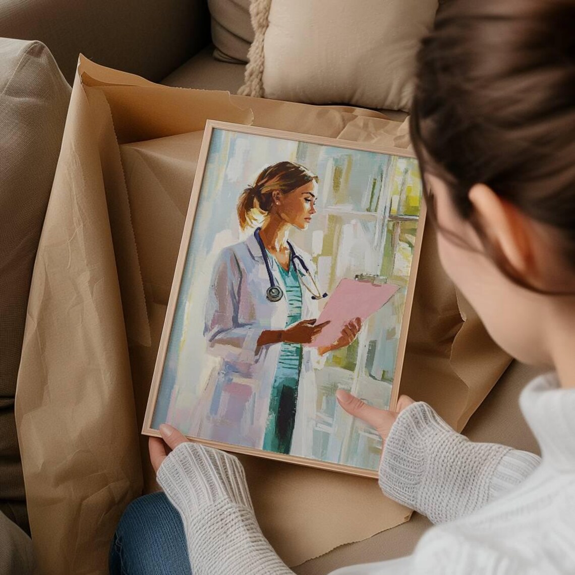 Female Doctor with Stethoscope and Clipboard Watercolor Poster - Image 3