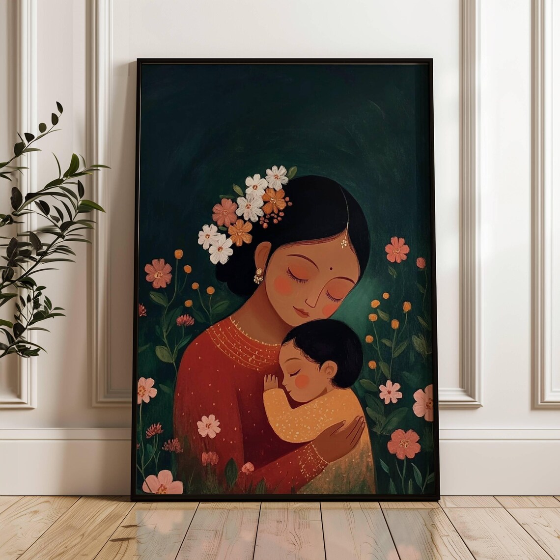 Indian Mother And Child Embrace Floral Motherhood Art Poster - Image 4